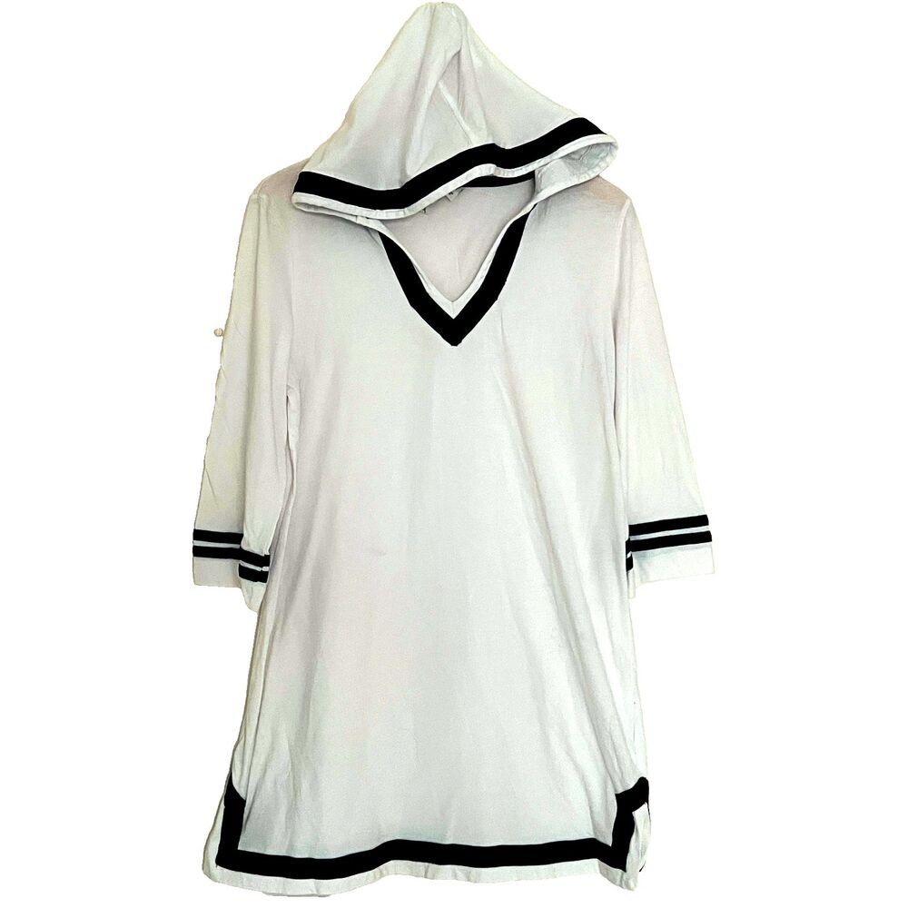 Palm Island Beach Cover Up L Navy White Nautical Tunic Cotton Hooded